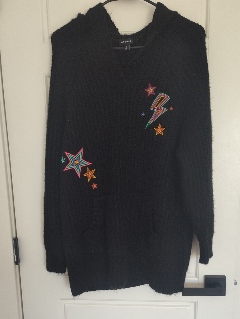 torrid Black V-Neck Hooded Sweater with Neon Star & Lightning Patches